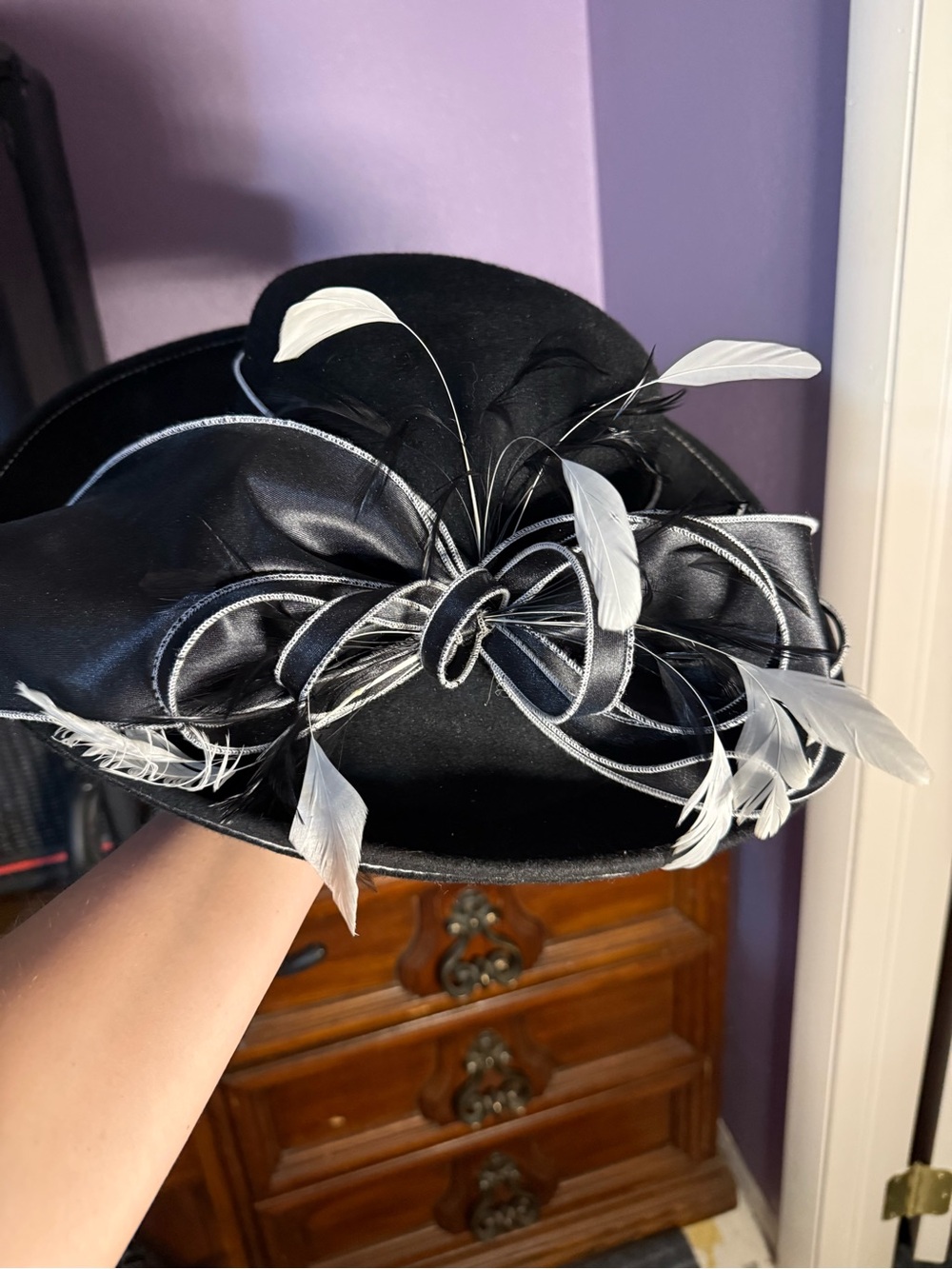 Vintage Swan Hat NY Black Church Derby Fascinator Genuine Feathers Ribbon Trim